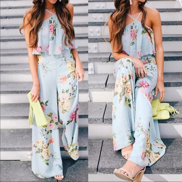 Dresses & Skirts - Light Blue Floral Halter Neck Jumpsuit